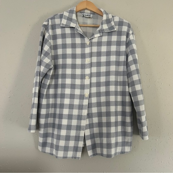 Teddi Vintage Blue Gray and White Checkered Button-Up Shirt Casual Large - Picture 1 of 7
